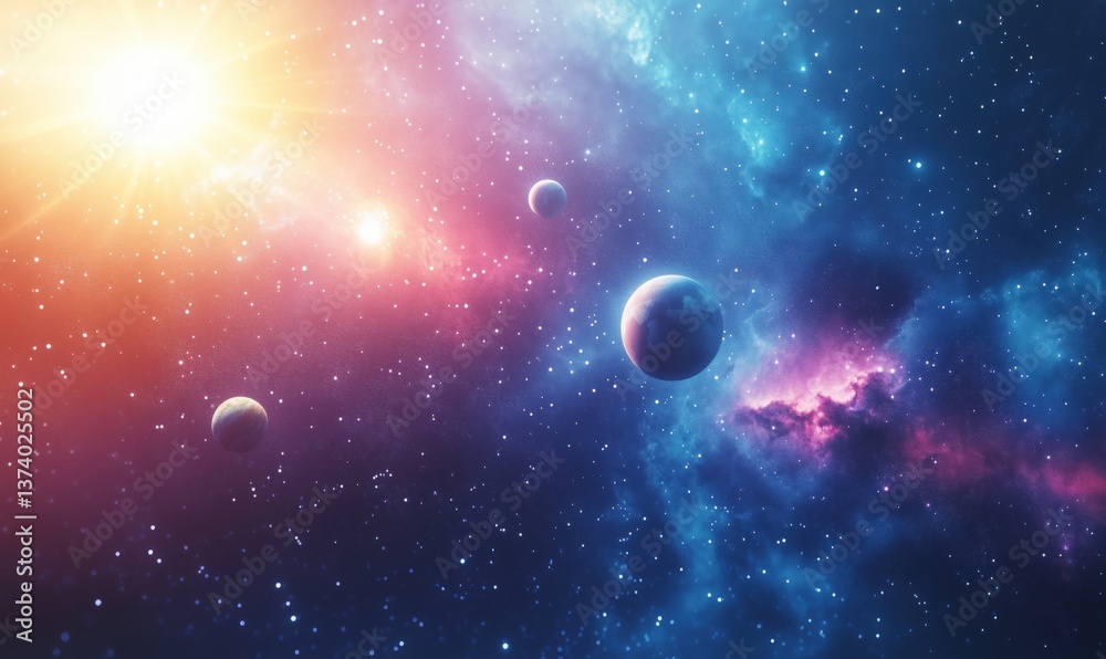 Stunning cosmic landscape featuring colorful nebulae and distant planets in space