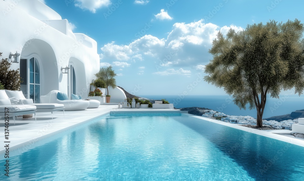 Fototapeta premium Stunning Santorini villa with infinity pool overlooking Aegean Sea and white architecture