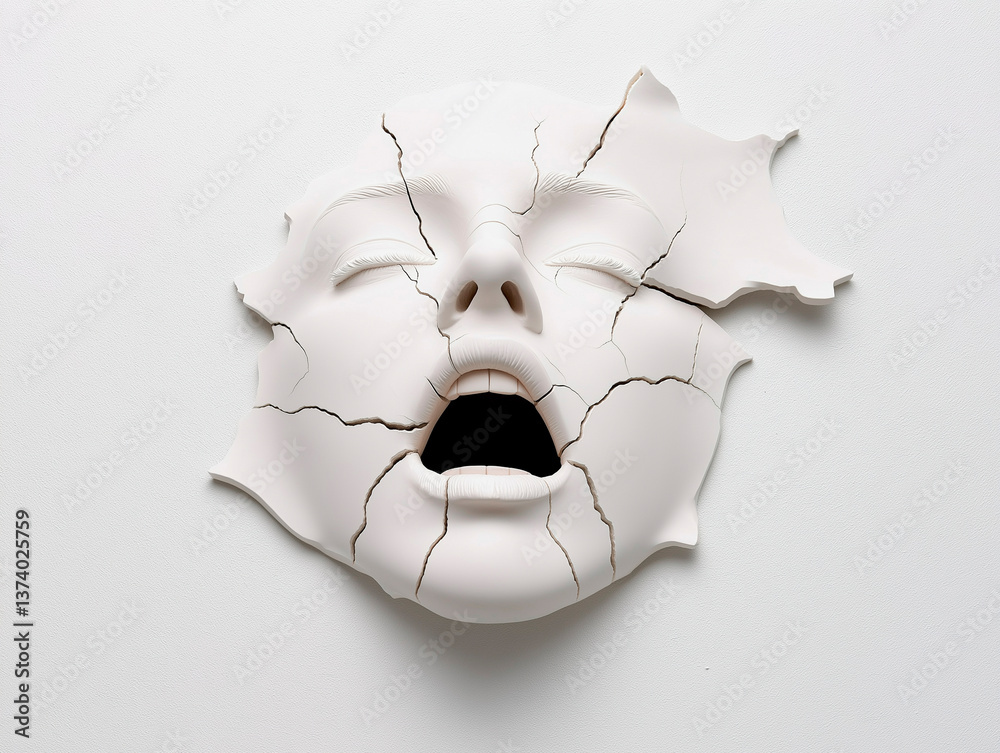 Naklejka premium Abstract Cracked White Face Sculpture on White Background