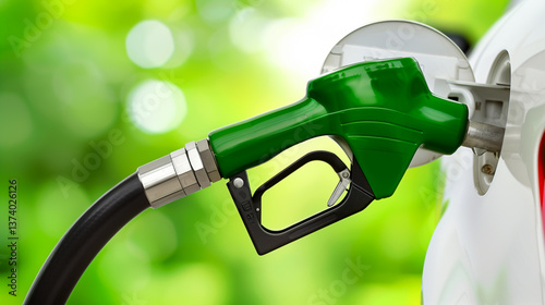 Eco-friendly fuel concept with gas pump and green background
