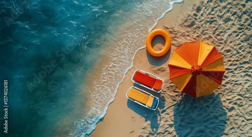 Colorful Beach Chairs and Umbrella Near Clear Water on Sunny Day