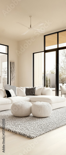 Modern living room with neutral decor and large windows for natural light