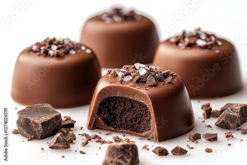 Decadent chocolate bonbons with a rich filling and toppings on a clean background photo