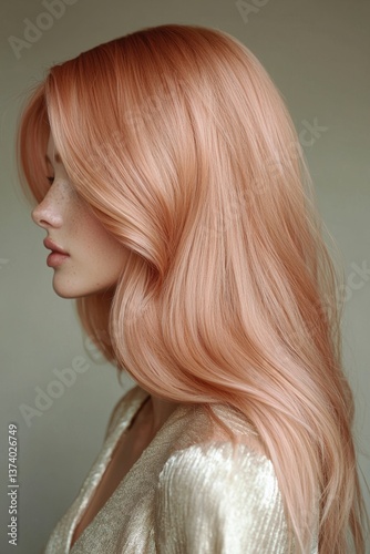 Side profile of a woman with smooth, flowing rose gold hair, soft makeup, and a shimmering outfit, ideal for beauty or fashion use.