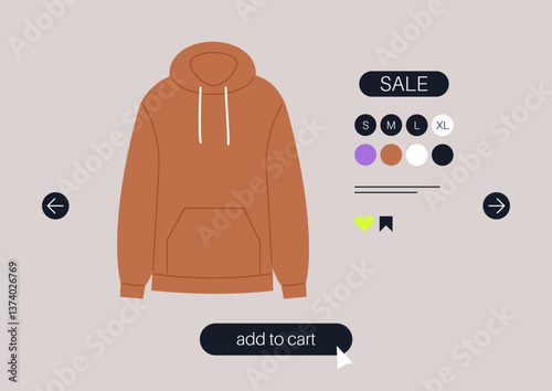 A vibrant hoodie is featured in an online store's add to cart interface, showing various size options and colors, The user interface invites interaction, promoting easy shopping