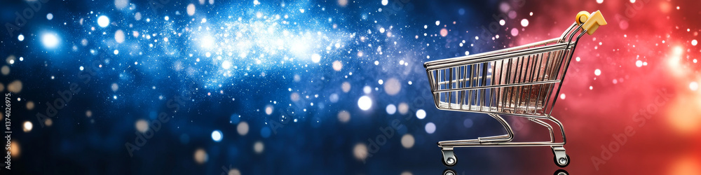 shiny shopping cart on vibrant background of blue and red lights, evoking festive and magical atmosphere. shiny shopping cart on vibrant background of blue and red lights, evoking festive and magical atmosphere.