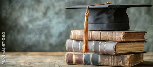 Graduation Cap on Stacked Books Symbolizing Academic Achievement in Education...