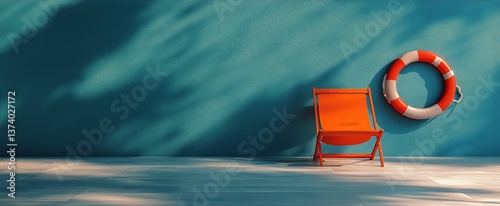 Bright Orange Lounging Chair and Lifebuoy Against Vibrant Blue Wall in Sunlit...