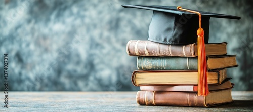 Graduation Cap on Stacked Books Symbolizing Academic Achievement in Education...