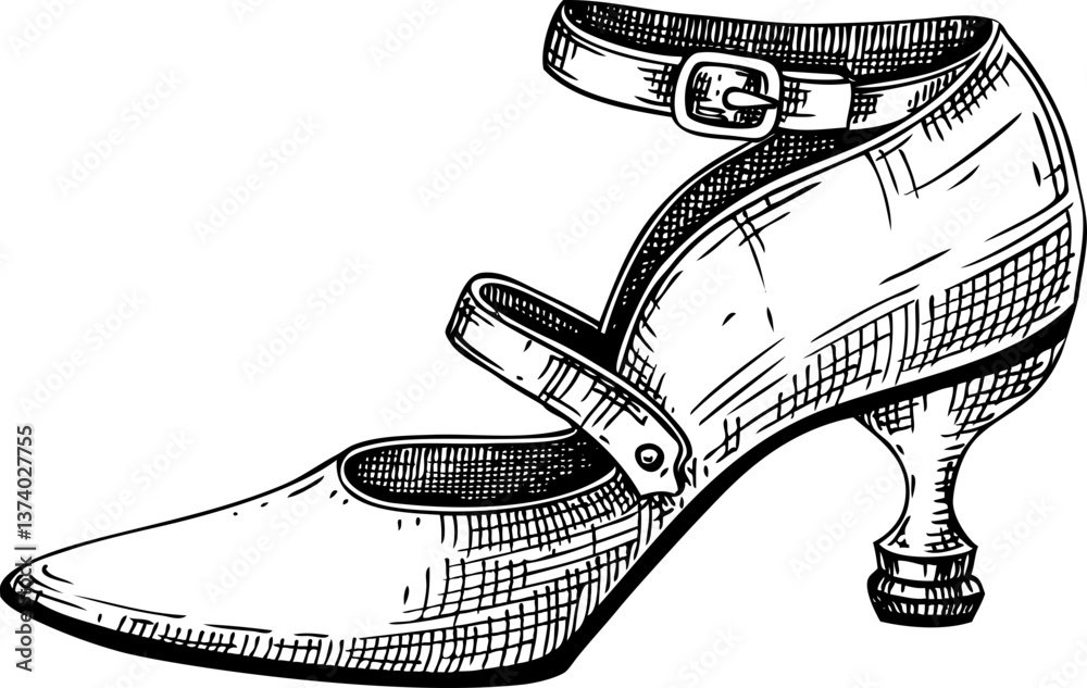 Vintage shoes vector sketch. Romantic gothic fashion illustration. Halloween, dark academia boots. Hand drawn historical costume design. NOT AI generated