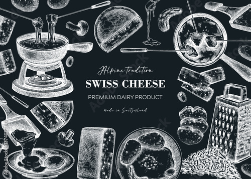 Swiss cheese hand drawn vector illustration. Vintage food background. Fondue and raclette sketches. Perfect restaurant menu, packaging, or prints. NOT AI generated