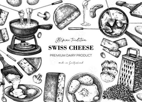 Swiss cheese hand drawn vector illustration. Vintage food background. Fondue and raclette sketches. Perfect restaurant menu, packaging, or prints. NOT AI generated