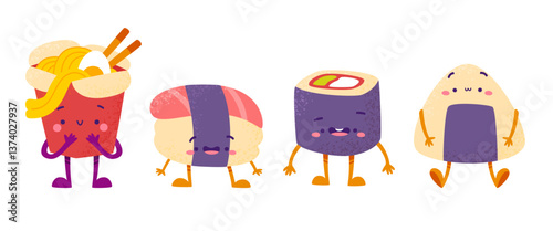 Cute asian food set. Cartoon vector textured asian food characters with faces.