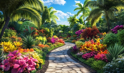 vibrant tropical garden pathway surrounded by colorful flowers and lush greenery