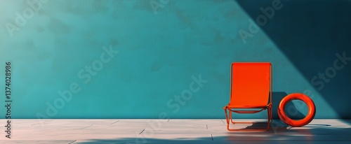 Bright Orange Lounging Chair and Lifebuoy Against Vibrant Blue Wall in Sunlit...