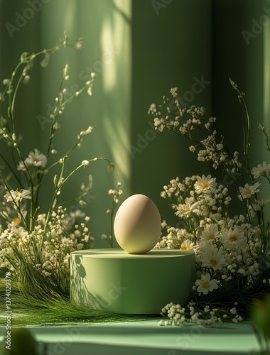 Egg Placed on Pastel Pedestal Surrounded by Blooming Flowers in Soft Natural ...