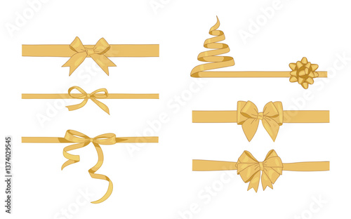 Set of gold gift ribbon bows different shapes vector illustrations isolated