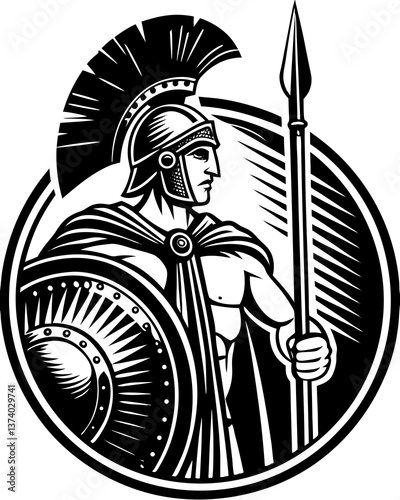 Spartan soldier with spear and shield linocut style vector file