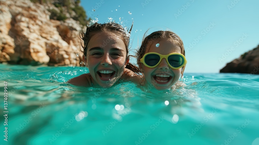 Naklejka premium Two joyful figures, an adult and a child, swim happily in clear turquoise waters, capturing the essence of joy, connection, and pure happiness shared between loved ones.