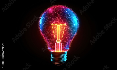 Illuminated light bulb with vibrant digital network design and glowing connections