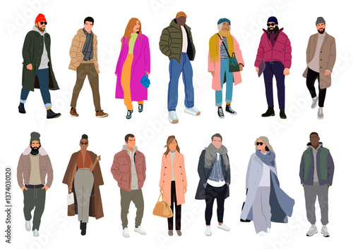 People wear fashion winter clothes. Men, women in outfits cold weather, coat, jacket, scarf, hat. Characters in modern street style apparel. Vector realistic illustration isolated