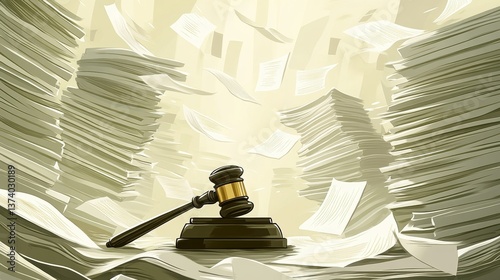Gavel Surrounded by Stacks of Papers in a Legal Context Illustration