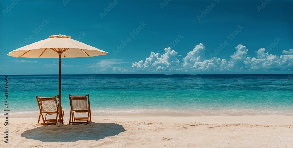 Obraz premium Relaxing Beach Chairs Under a Sun Umbrella on a Sunny Day by the Turquoise Ocean