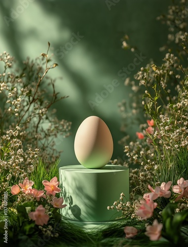 Egg Placed on Pastel Pedestal Surrounded by Blooming Flowers in Soft Natural ...