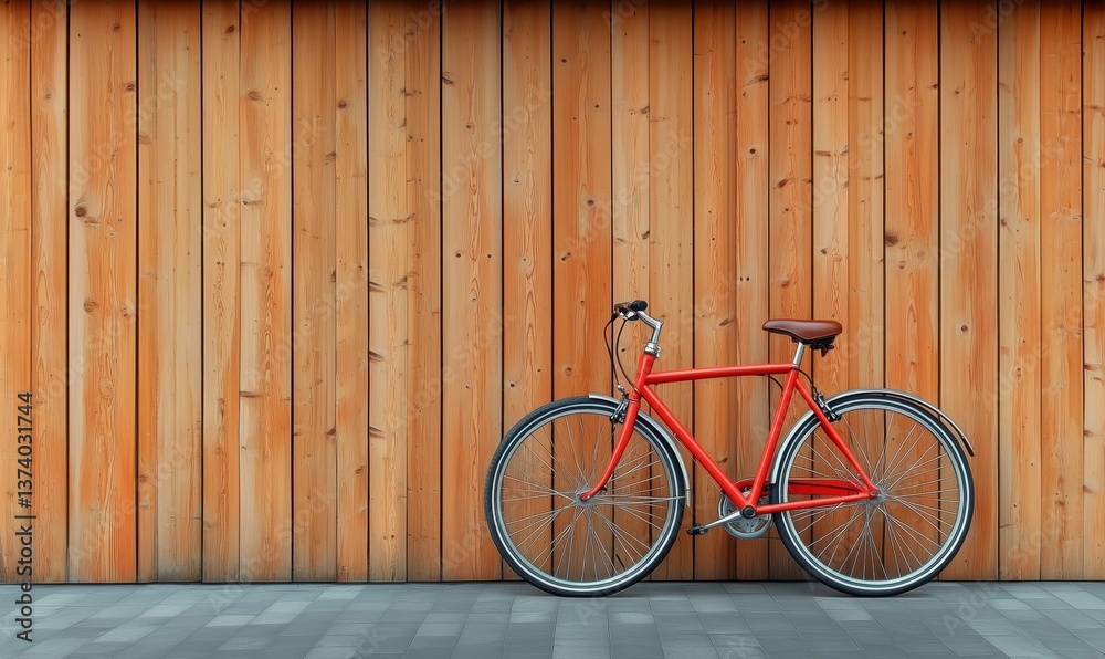 Red bicycle leaning against wooden wall with modern design elements Red bicycle leaning against wooden wall with modern design elements