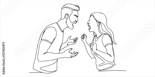 couple arguing and yelling at each other continuous single line art drawing sketch on white background