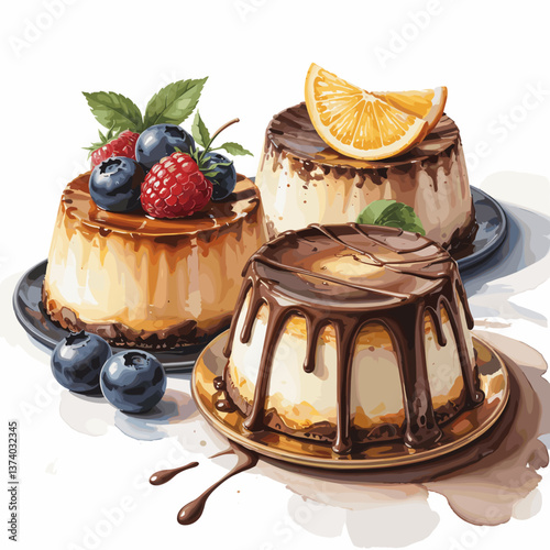 Watercolor Flan Desserts with Berries, Citrus, and Chocolate