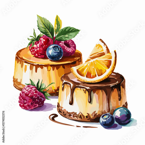 Watercolor Flan Desserts with Berries, Citrus, and Chocolate