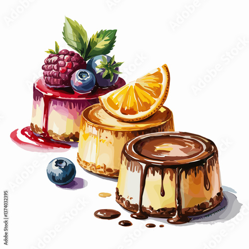 Watercolor Flan Desserts with Berries, Citrus, and Chocolate