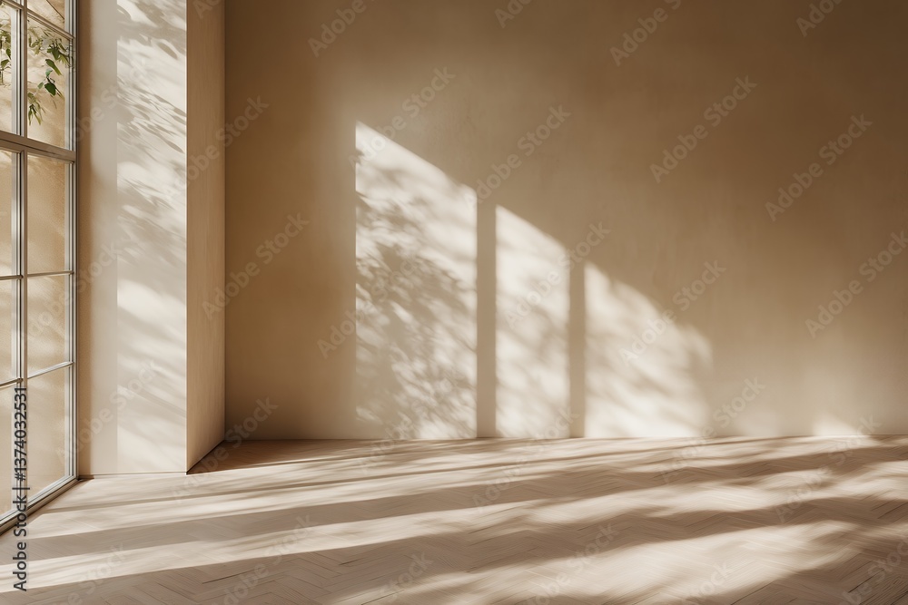 Obraz premium 格子状の大きな窓から光が差し込むミニマルなベージュの空間 | Minimal beige interior with sunlight streaming through grid window