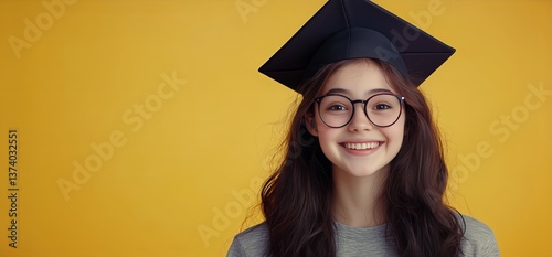 Young Graduate Smiling With Graduation Cap Against Bright Yellow Background