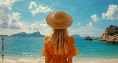 Woman in Straw Hat Gazing at Tranquil Ocean and Islands During a Sunny Day