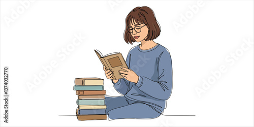 woman reading a novel next to stack of books continuous single line art drawing sketch on white background