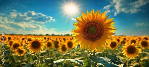 Sunflower Field Under Blue Sky With Bright Sun During Golden Hour in Summer