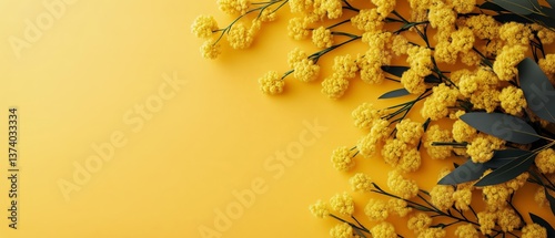 Bright Yellow Mimosa Flowers Arranged on a Vibrant Background in a Creative F...
