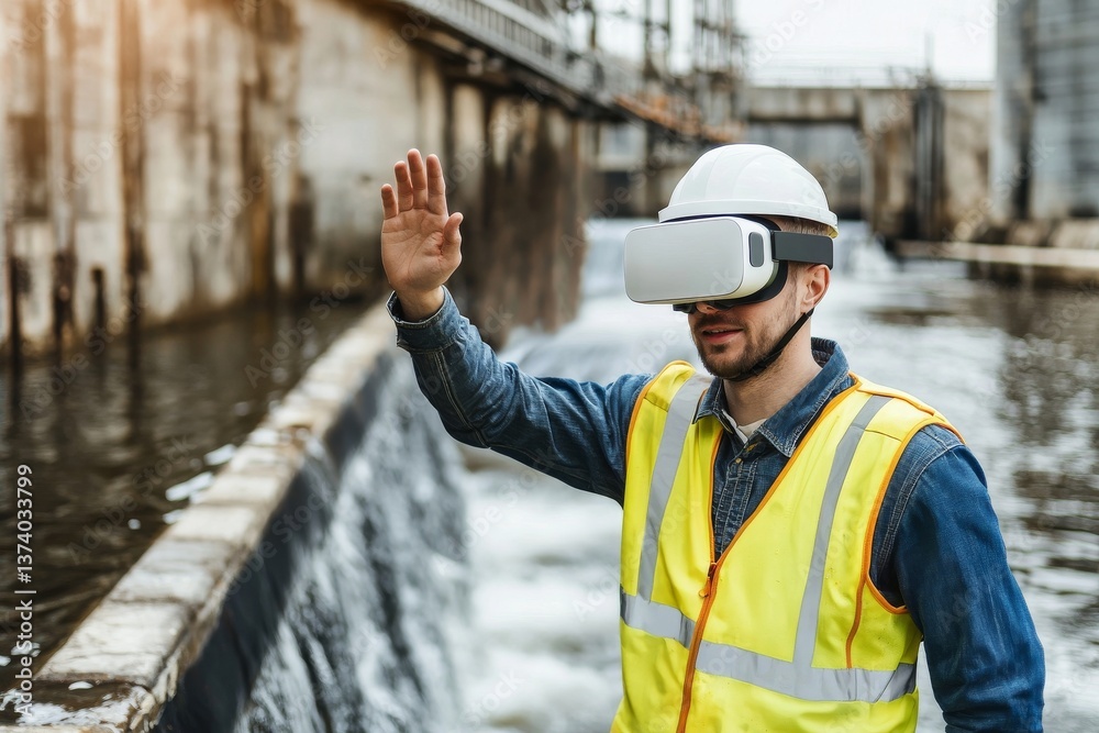 An engineer, identifiable by a yellow vest and white helmet, works at a dam containing a hydroelectric power plant, and employs virtual reality glasses to utilize an augmented reality application, An engineer, identifiable by a yellow vest and white helmet, works at a dam containing a hydroelectric power plant, and employs virtual reality glasses to utilize an augmented reality application,