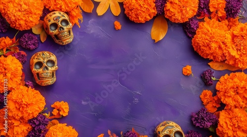 Colorful Sugar Skulls and Marigolds Create a Festive Atmosphere for a Cultura...