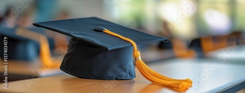 Graduation Cap on Wooden Desk in Empty Classroom During Bright Daylight