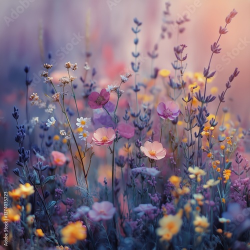 Colorful Wildflowers Blooming in a Soft Sunset Glow in a Serene Meadow