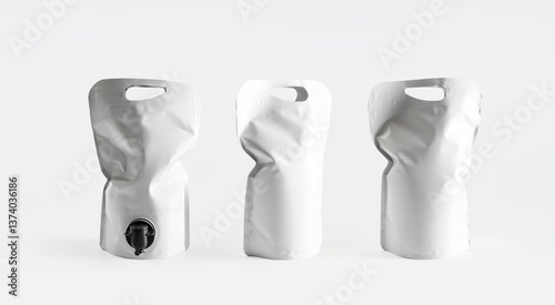 Mockuo of premium olive oil or liquids bag, 1500ml, with dispenser tap, front and back views, on white background with copyspace, real picture