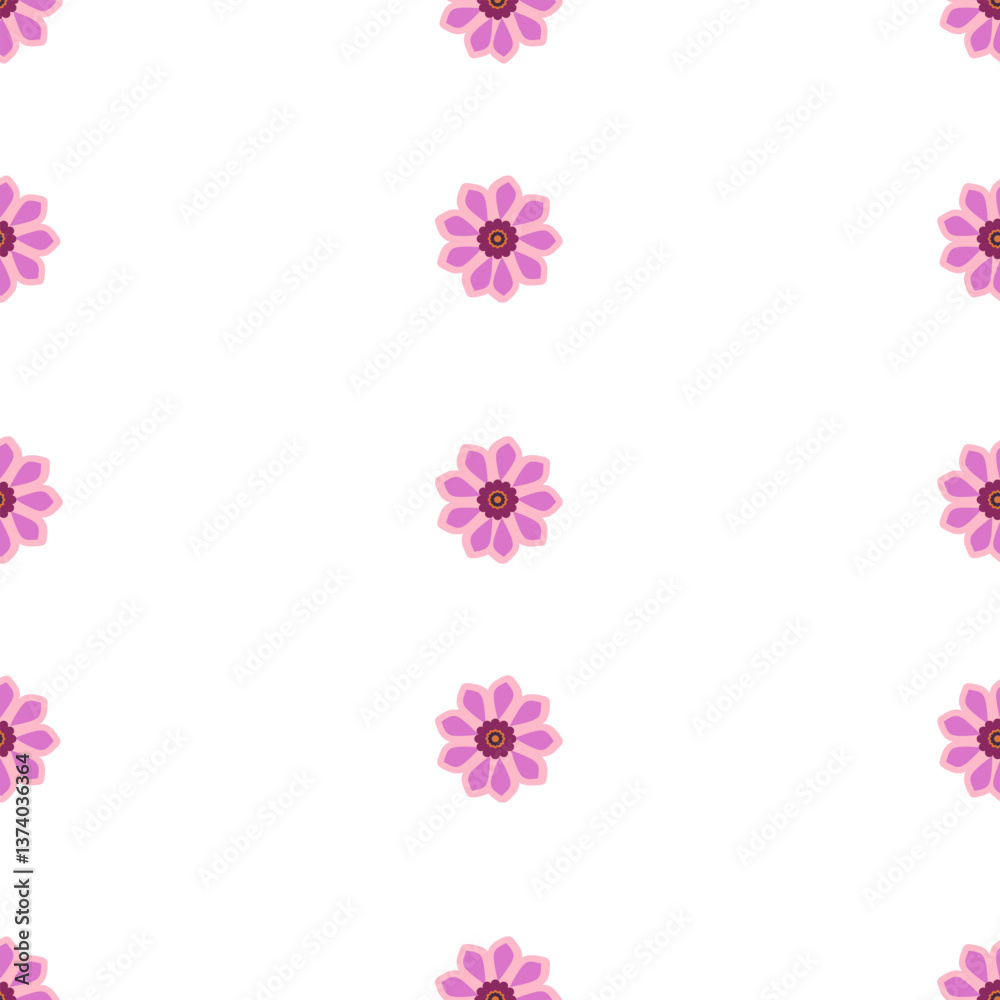 Fototapeta premium A vector seamless pattern featuring pink flowers with brown centers on a white background. The flowers are evenly spaced, creating a cheerful and vibrant design.