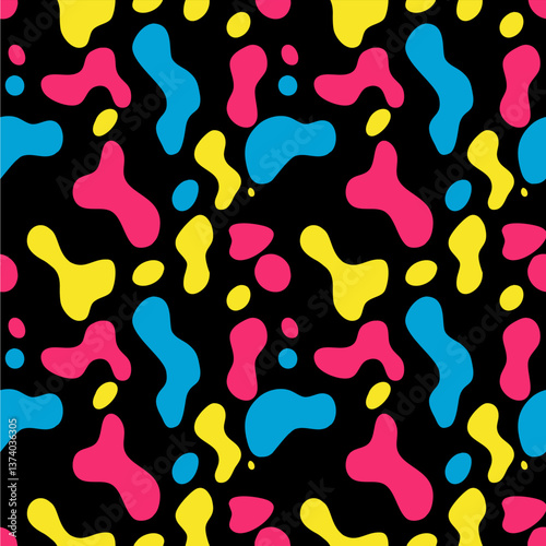 A vector vibrant abstract pattern featuring colorful shapes in pink, blue, and yellow against a black background. The design is playful and modern, suitable for various creative projects.