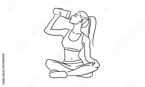 Sport girl drinks protein line art drawing. Girl narcissist, admires himself on white background. Vector illustration