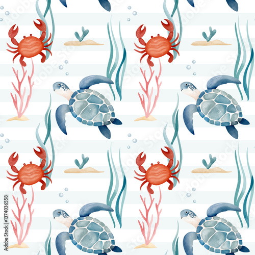Seamless pattern with watercolor turtle and crab. Hand drawn marine animals pattern. Underwater characters.