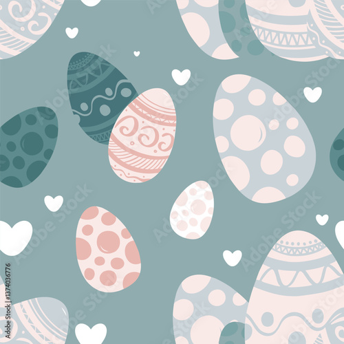 Cute blue Easter seamless pattern. Many decorated eggs icons. Cartoon pastel colors holiday print. Simple traditional elements background. Funny flat signs set. Sweet art for kids textile, ad layout