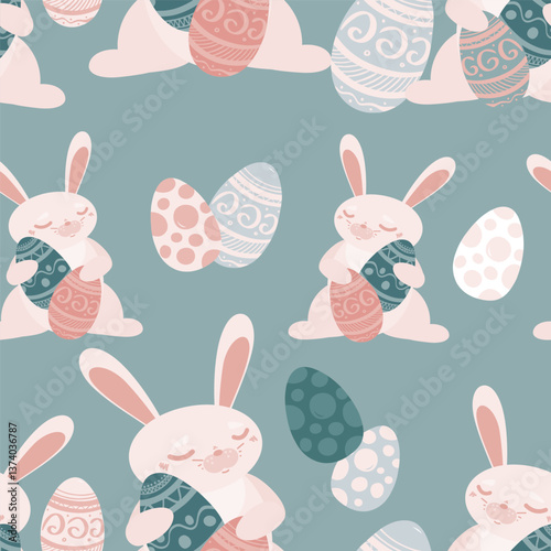 Cute Easter seamless pattern. Charming bunny holding big painted eggs. Pastel colors holiday print. Cartoon festive background. Funny flat elements signs set. Sweet art for kids textile, ad layout